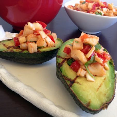 CADRY'S GRILLED AVOCADOS STUFFED WITH SMOKY HEARTS OF PALM SALSA. VEGAN GLUTENFREE