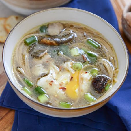 NOODLE - Chicken + Mushroom Noodle Soup with Poached Eggs
