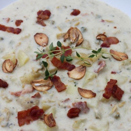Clam Chowder with Baked Garlic Chips