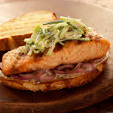 SALMON CLUB SANDWICHES WITH CUCUMBER-APPLE SLAW