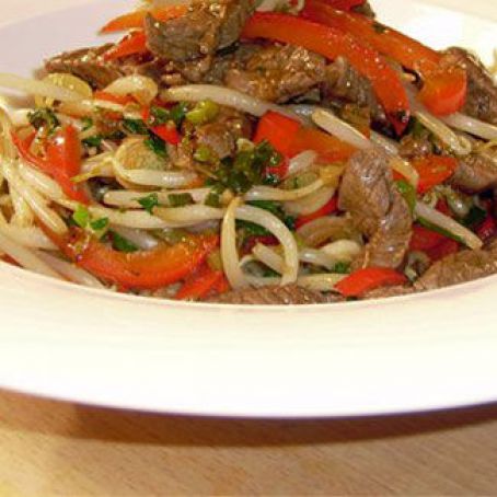 Stir Fried Beef with peppers and egg noodles