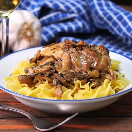 One Skillet Chicken with Garlicky Mushroom Sauce