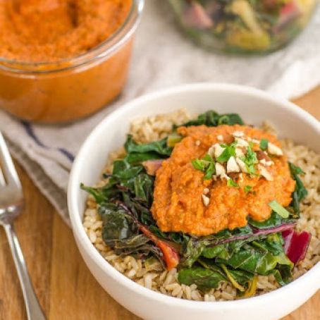 Brown Rice Bowl with Chard & Nutty Tomato Romesco Sauce