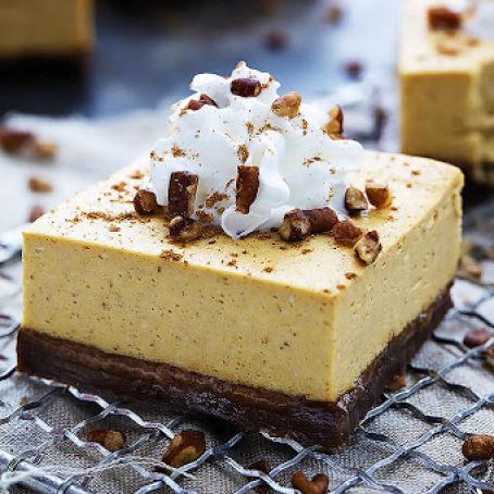 Pumpkin Cheesecake Bars with Gingersnap Crust - Creme De La Crumb