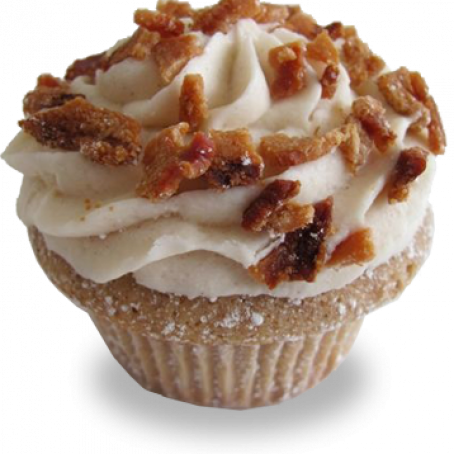 Apple Cinnamon French Toast Cupcakes with Maple Cream Cheese Frosting and Bacon Garnish