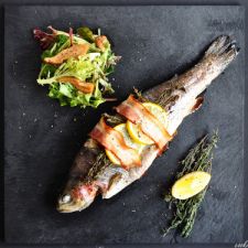 Pancetta-wrapped Trout with Honey Balsamic Salad
