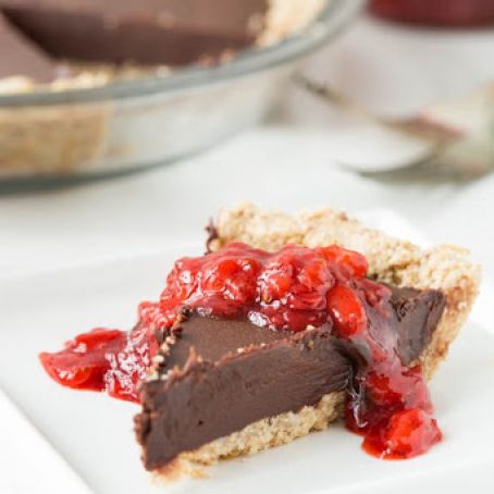 Chilled Dark Chocolate Pie with Toasted Almond Crust and Strawberry Vanilla Compote
