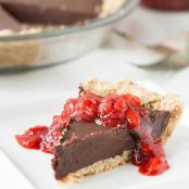 Chilled Dark Chocolate Pie with Toasted Almond Crust and Strawberry Vanilla Compote
