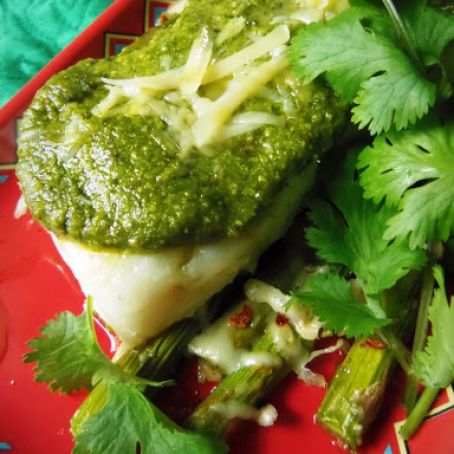 Spicy Pepita Cilantro Pesto Fish with Asparagus