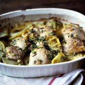 Roasted Chicken Thighs with Green Tomatoes, Basil, and Ginger