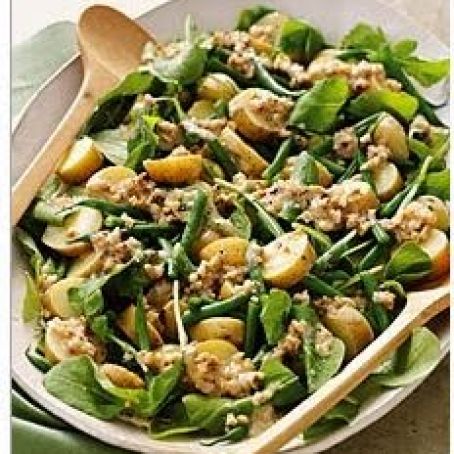 Mixed greens, potato and green bean salad with walnut dressing