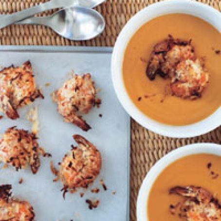 Carrot Ginger Soup with Coconut Roasted Shrimp