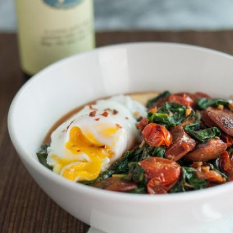 Polenta Bowl with Garlicky Spinach, Chicken Sausage & Poached Egg