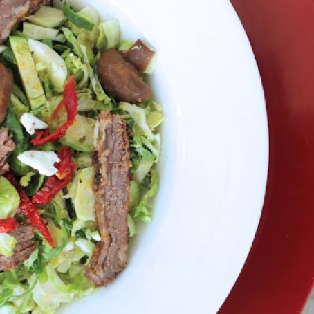 Shredded Brussels Sprouts, Sliced Steak, and Mushroom Salad