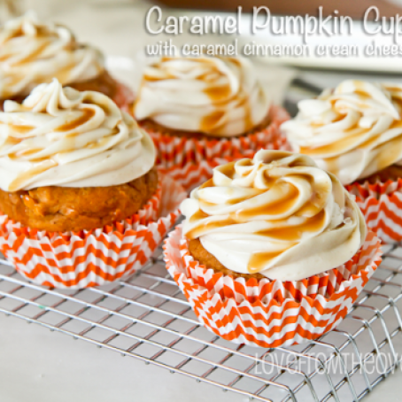 Caramel Pumpkin Cupcakes with Caramel Cinnamon Cream Cheese Frosting