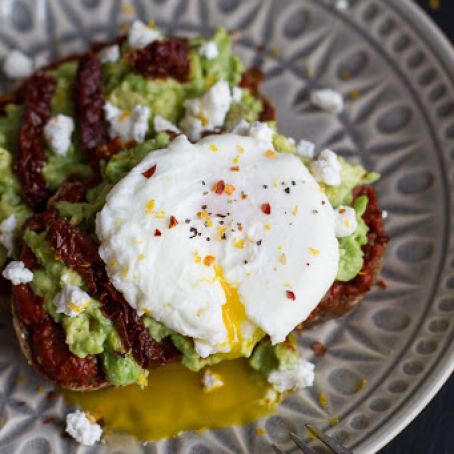AVOCADO TOAST - Harissa, Smashed Avocado and Egg Toast with Goat Cheese and Honey Drizzle