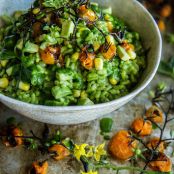 Roasted Tomato and Corn Risotto with Arugula Basil Pesto