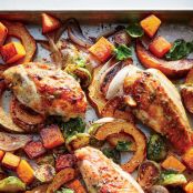 Maple-Mustard Roasted Chicken with Squash and Brussels Sprouts