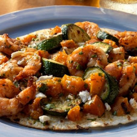 GRILLED SHRIMP TOSTADES WITH APRICOT-CILANTRO SALSA AND FETA