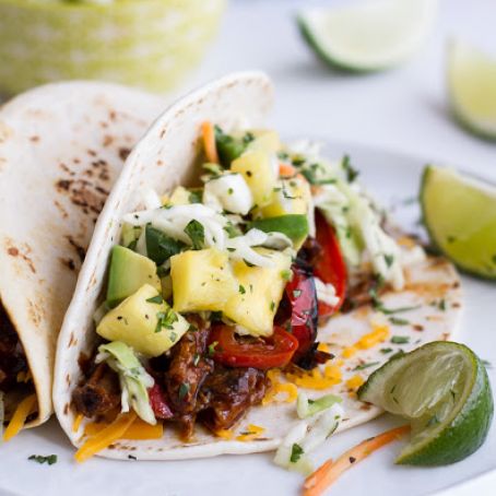 Hawaiian Hula Pork Fajitas with Pineapple Slaw + Coconut Rice.