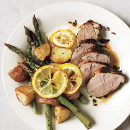 Herb-Rubbed Pork Tenderloin With Potatoes and Lemony Asparagus