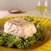 Halibut Poached in Olive Oil with Broccoli Rabe Pesto