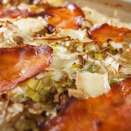 Leek and Potato Gratin with Smoked Salmon and Brie