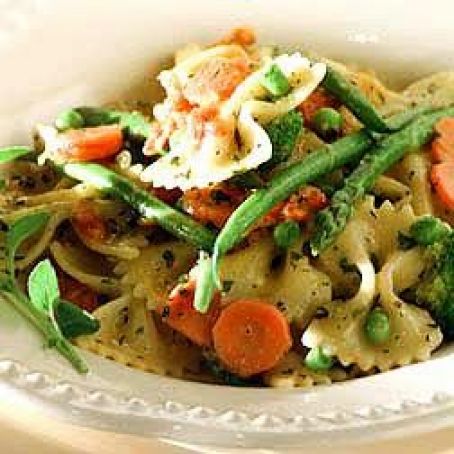 BOW TIES WITH SPRING VEGETABLES, ROASTED GARLIC