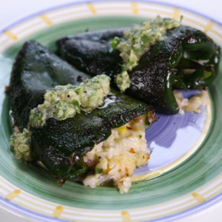 Stuffed Poblano Peppers w/ Green Chili Sauce