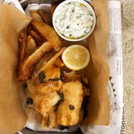 Fish and Chips with Tartar Sauce and Pea Puree