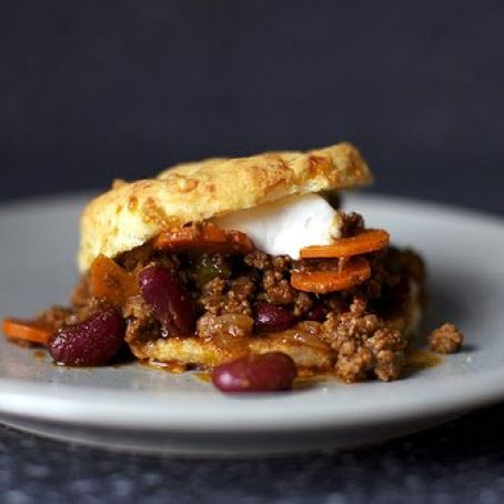 beef chili + sour cream and cheddar biscuits