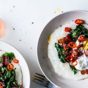 Cheesy Grits with Poached Eggs, Greens, and Bacon