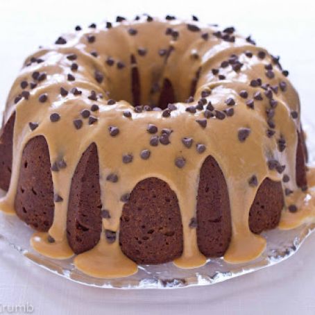 chocolate chip peanut butter pound cake with peanut butter glaze