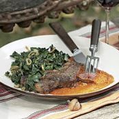 Seared Rib-Eye Cutlets with Romesco Sauce and Wilted Spinach with Olives