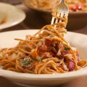 Bacon and Bay Tomato Sauce on Brown Spaghetti