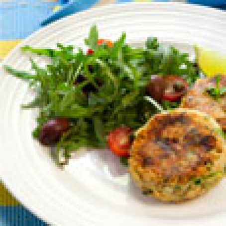Dijon Salmon Cakes and Arugula with Lemon-Caper Oil