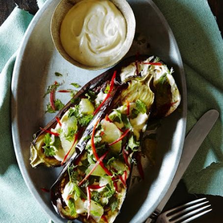 Roasted Eggplant With Tahini Sauce & Herb Salad