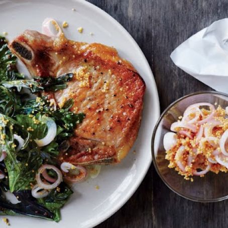 Flattened Pork Chops with Greens and Mustard Pan Sauce