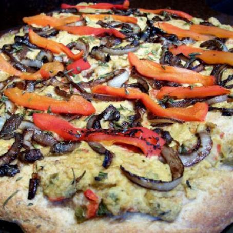 Hummus Pizza With Caramelized Onions and Roasted Red Peppers