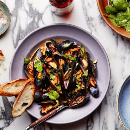Mussels:Beer-Steamed Mussels with Chorizo