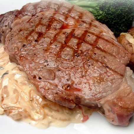 Grilled Ribeye Steak with Onion Blue Cheese Sauce from The Pioneer Woman Cooks