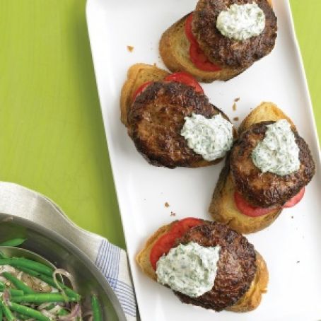 Open-Faced Burgers with Horseradish Sauce and Green Beans