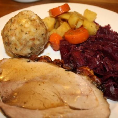 Schweinebraten (Pork Roast) with Gravy and Vegetables
