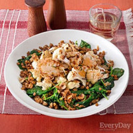 Cheesy Roasted Cauliflower and Garlicky Farro with Kale and Hazelnuts