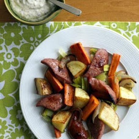 Double Onion, Kielbasa & Potato Roast with Mustard Sauce Recipe