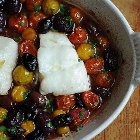 Roast Cod with Little Tomatoes and Assorted Olives
