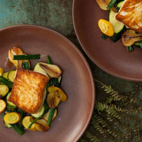 Fish: Halibut with Spring Onion and Summer Squash Saute