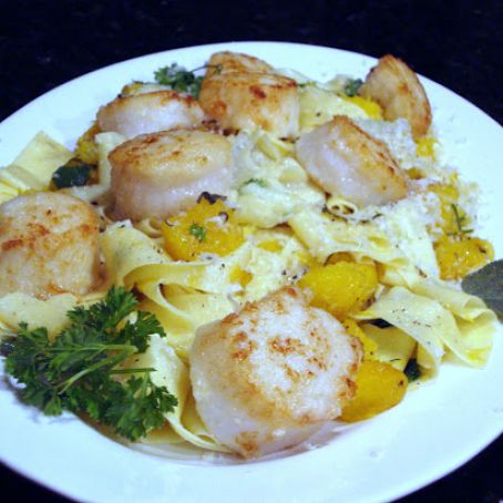 Pappardelle with sage butter sauce, roasted acorn squash and pan seared scallops