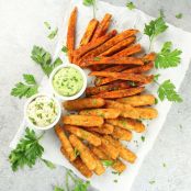 Fish Sticks with BBQ Sweet Potato Fries & Avocado Ranch