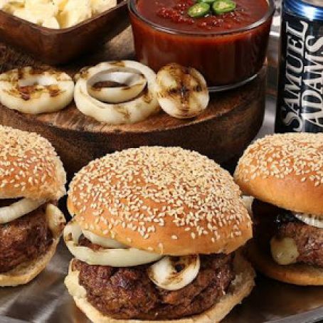 Cheese Curd Pork and Beef Burgers with Lager Serrano Chili BBQ Dipping Sauce